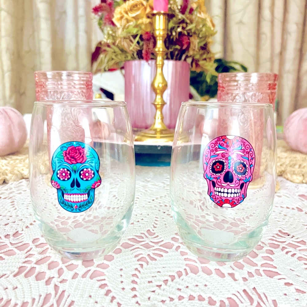 Day of the Dead Sugar Skull Stemless Wine Glasses Set of 2